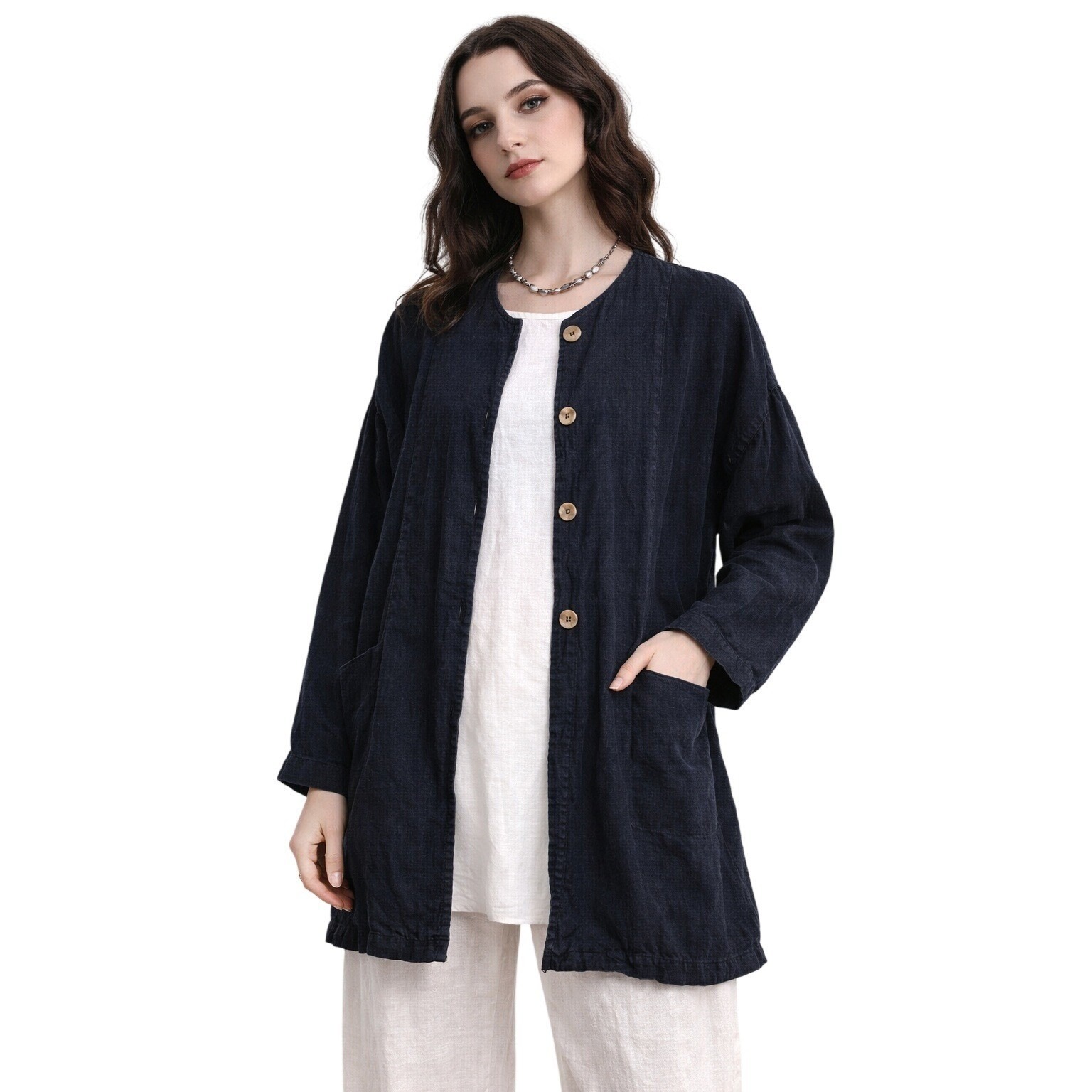 Gerties Navy Ink Linen Jacket Minimalist Made Usa Artsy Layer Lagenlook Os